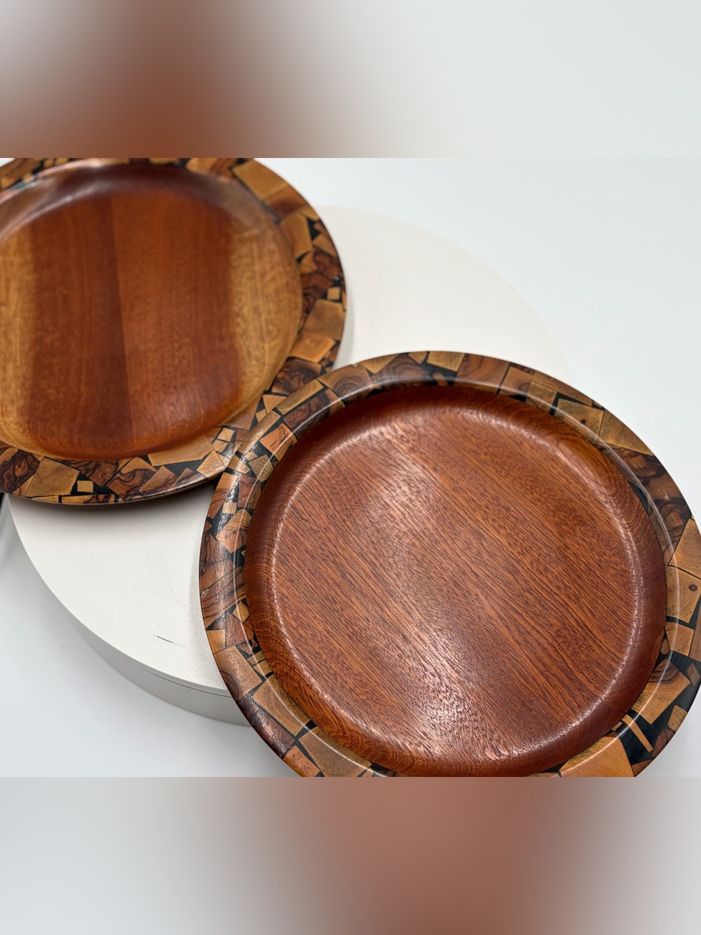 Handcrafted Wooden Serving Bowls with Mosaic Rim - Brown